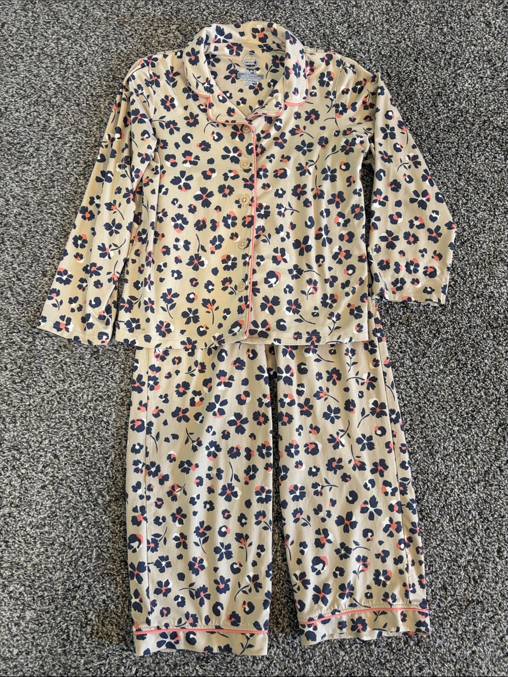 Kids Beige Floral Pajama Set with Pink Trim